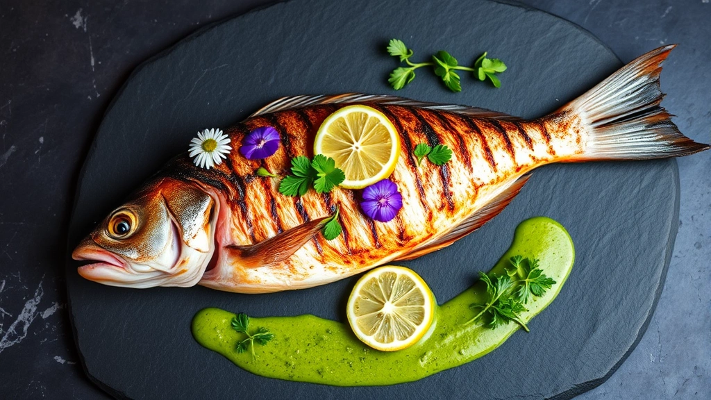 Artistic presentation of a whole grilled red snapper with crispy skin, fresh lime halves, and edible flowers as garnish, served on a dark slate plate with vibrant green herb sauce and microgreens creating elegant plating