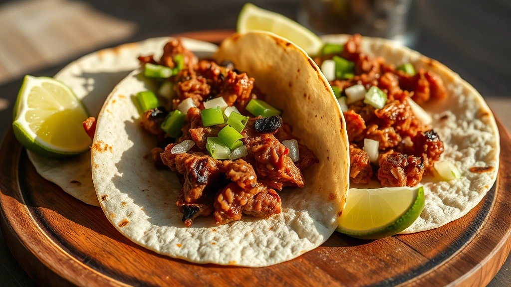 Close-up of authentic carne seca tacos with charred flour tortillas, fresh lime wedges, and white onion on rustic wooden plate, dramatic desert sunlight casting shadows, steam rising from warm tortillas, photorealistic food photography