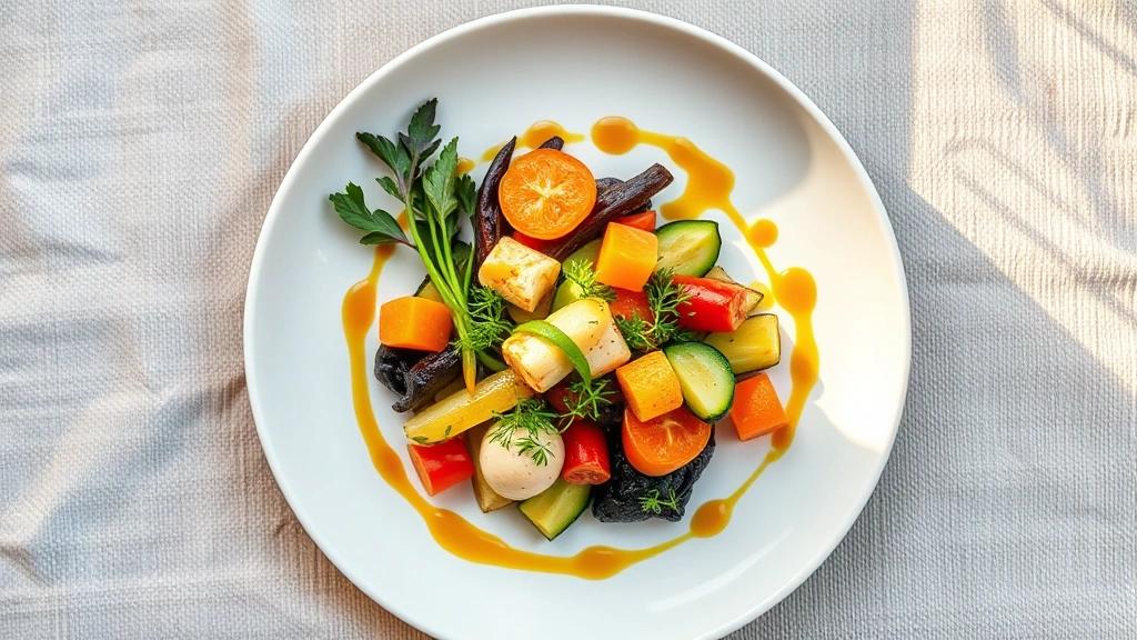 Overhead shot of vibrant farm-to-table plated dish featuring seasonal vegetables in artistic arrangement, microgreens garnish, sauce drizzle, white ceramic plate against natural linen tablecloth, bright natural window light, professional food styling