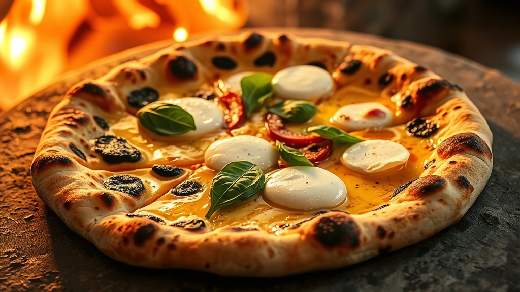 Artisanal wood-fired pizza with leopard-spotted charred crust, fresh mozzarella, basil leaves, and olive oil glistening under warm restaurant lighting, partially sliced, rustic stone surface, steam rising from oven-hot crust, appetizing food photography