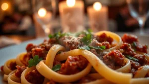 Close-up of hand-rolled pappardelle pasta ribbons coated with rich wild boar ragù sauce, garnished with fresh parsley, steam rising, warm candlelit Italian restaurant setting, professional food photography