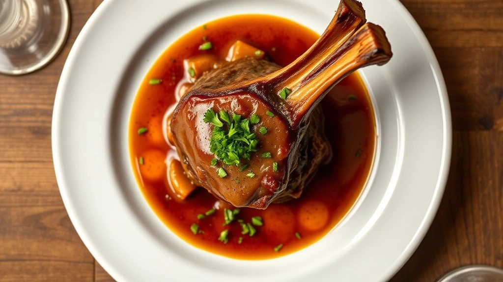 Overhead view of osso buco veal shank in glossy braised sauce with vibrant green gremolata garnish, served on white ceramic plate, soft golden lighting, rustic Italian trattoria ambiance