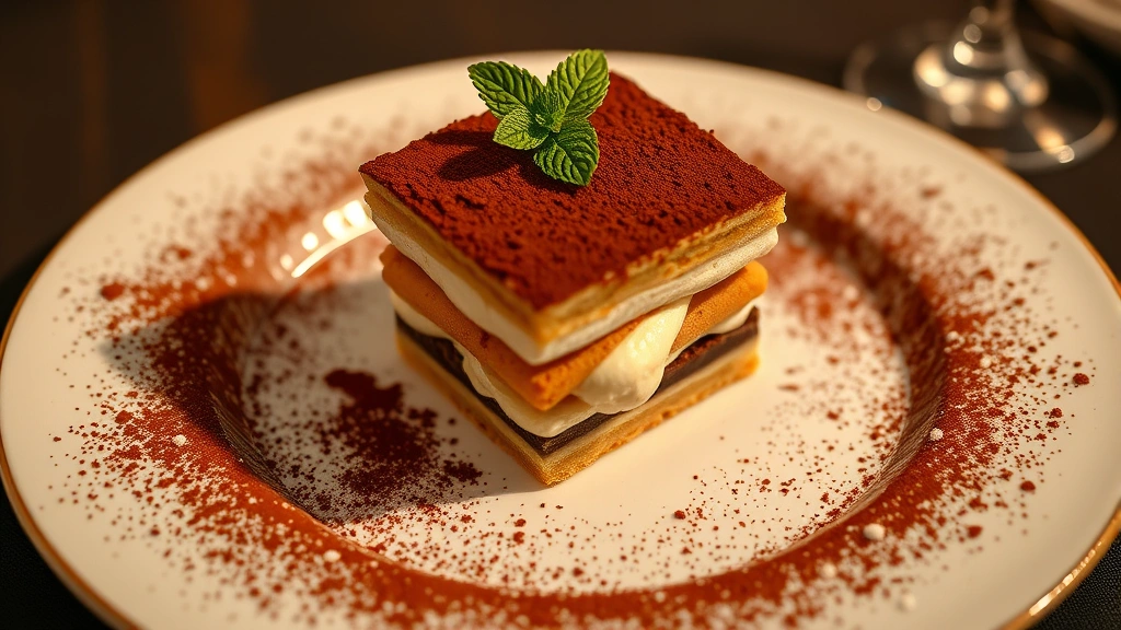 Elegant plated tiramisu dessert with cocoa powder dusting, mascarpone cream layers, espresso-soaked ladyfingers, garnished with fresh mint, soft warm lighting, fine dining presentation
