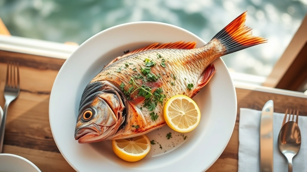 Overhead view of grilled whole fish with lemon wedges and fresh herbs on white plate, coastal restaurant table setting, warm natural lighting, ocean view blurred in background