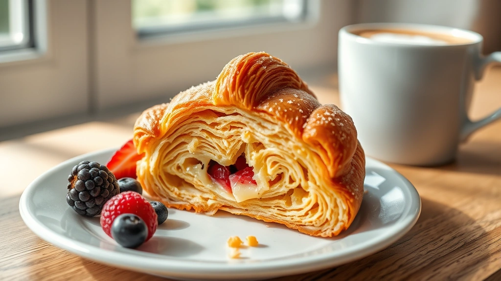 Close-up of buttery croissant mid-bite showing flaky laminated layers, fresh berries scattered nearby, steaming coffee cup with cream, morning sunlight through window