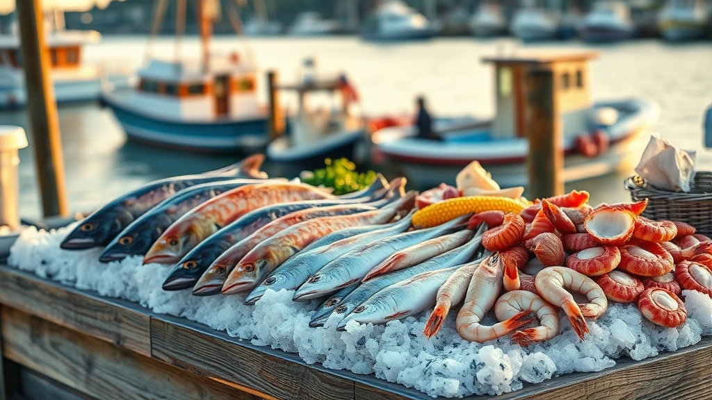 Wooden dock with fresh seafood display including whole fish, shrimp, and scallops on ice, fishing boats and water in soft-focus background, golden hour lighting