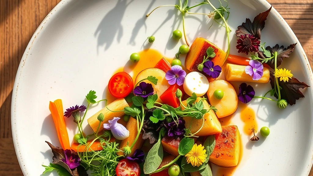 Overhead view of artfully plated farm-to-table dish featuring vibrant seasonal vegetables, microgreens, and edible flowers arranged on white ceramic plate, warm natural lighting highlighting ingredient textures and colors