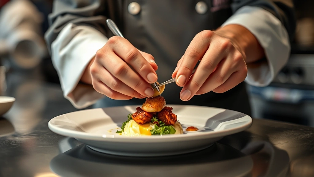 Close-up of chef's hands at kitchen counter executing precise plating techniques, placing delicate component onto dish with tweezers, professional kitchen environment, focused concentration, ingredient details visible