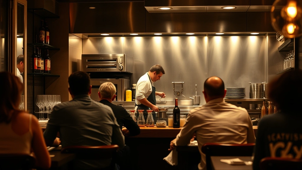 Interior shot of intimate chef's counter dining setting with diners seated facing open kitchen, chef working in background, warm lighting reflecting off stainless steel surfaces, bottles and cooking equipment visible, engaged diners watching preparation