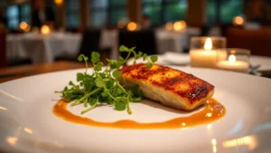 Elegantly plated fine dining dish with microgreens, sauce artistry, and golden-seared protein on white ceramic plate, soft candlelight reflection, blurred fine dining restaurant background