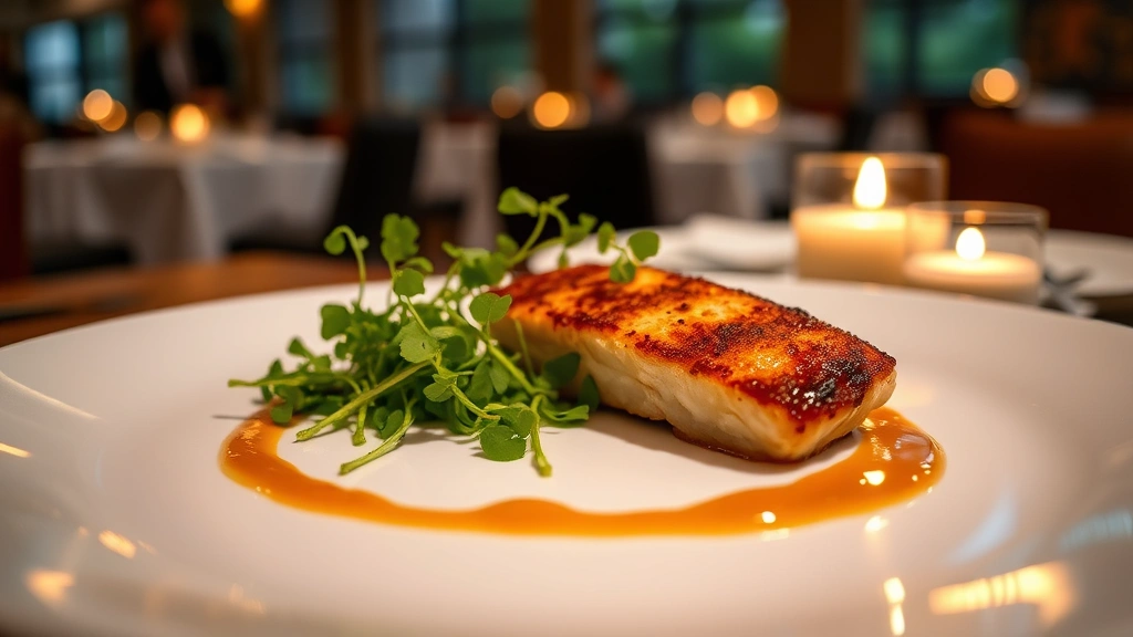 Elegantly plated fine dining dish with microgreens, sauce artistry, and golden-seared protein on white ceramic plate, soft candlelight reflection, blurred fine dining restaurant background