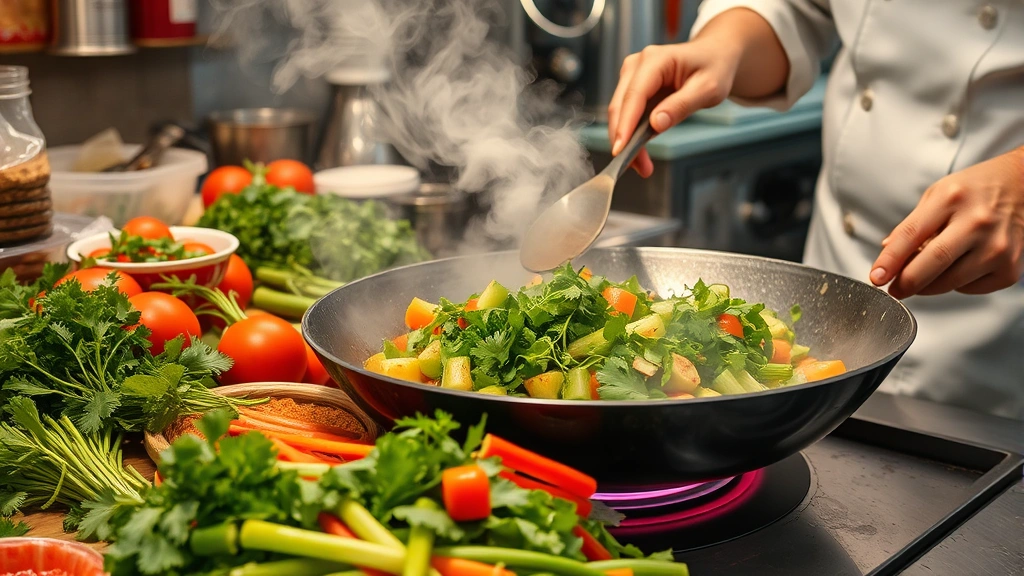 Vibrant Asian street food preparation with fresh herbs, colorful vegetables, steam rising from wok, chef's hands visible working with traditional cooking techniques, authentic kitchen environment