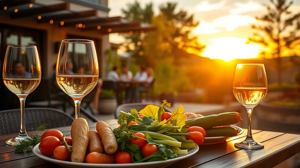 Outdoor patio dining scene at sunset with fresh seasonal vegetables on table, wine glasses catching golden light, landscaped restaurant garden with ambient lighting, diners in background