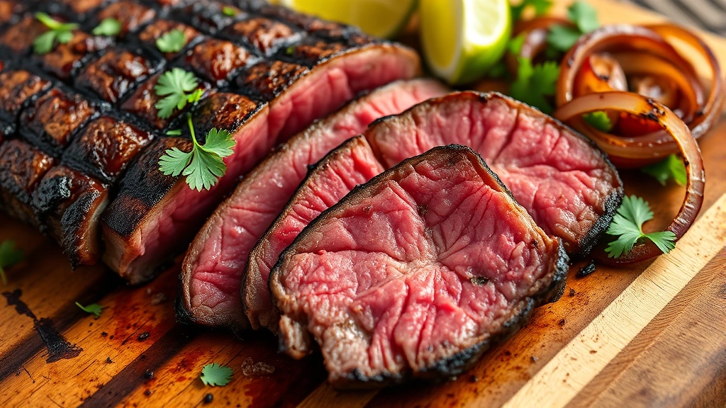 Close-up of perfectly charred carne asada with grill marks, sliced to show medium-rare pink center, served on rustic wooden cutting board with lime wedges, fresh cilantro, and grilled onions, natural warm lighting