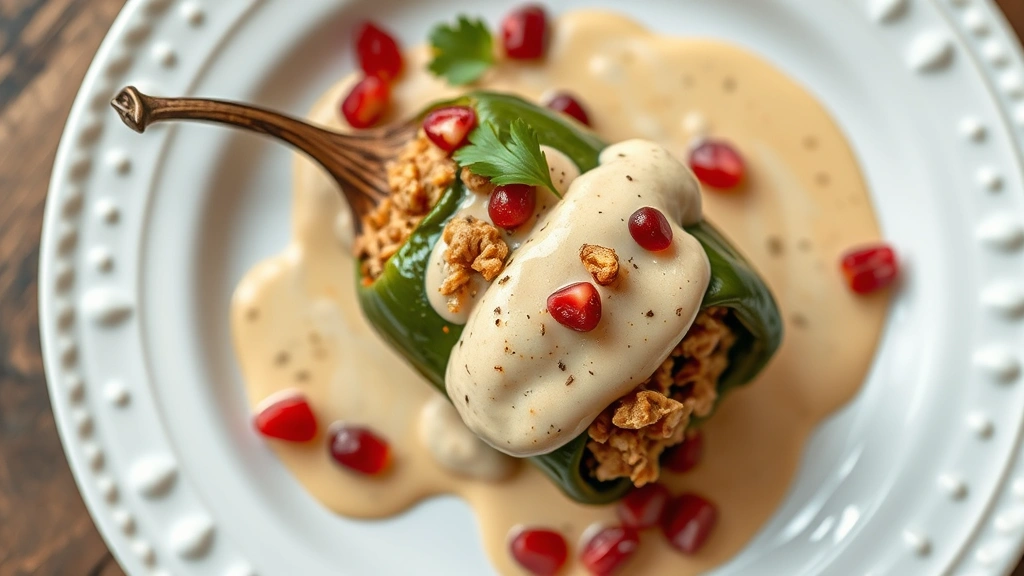 Overhead shot of chile en nogada on white ceramic plate, showcasing roasted poblano pepper filled with picadillo, draped in creamy walnut sauce, garnished with pomegranate seeds and fresh parsley, artistic plating with shallow depth of field