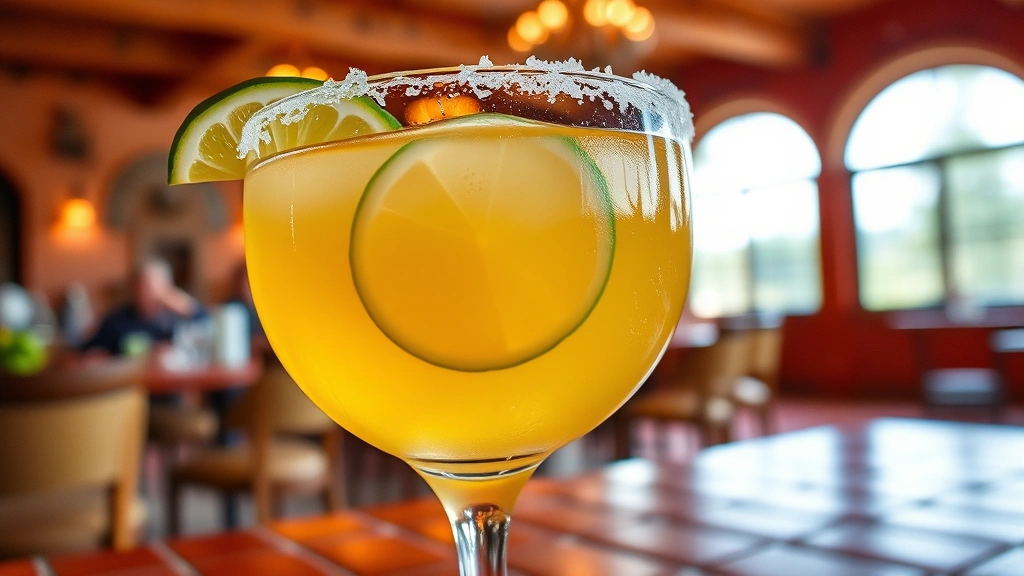 Artisanal margarita in hand-blown glass with salt rim, fresh lime wheel floating in golden tequila-based cocktail, warm hacienda-style interior with terra cotta tiles and wooden beams softly blurred in background