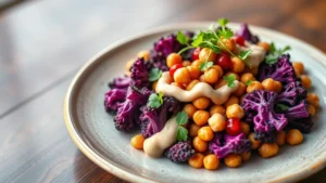 Vibrant Buddha bowl featuring roasted purple cauliflower, crispy chickpeas, creamy tahini drizzle, pomegranate seeds, and fresh microgreens on a ceramic plate, artfully arranged with warm golden lighting