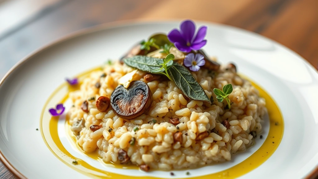 Elegant plated vegan mushroom risotto with truffle oil, crispy sage leaves, and parmesan alternative, garnished with edible flowers and microgreens, fine dining presentation with shallow depth of field