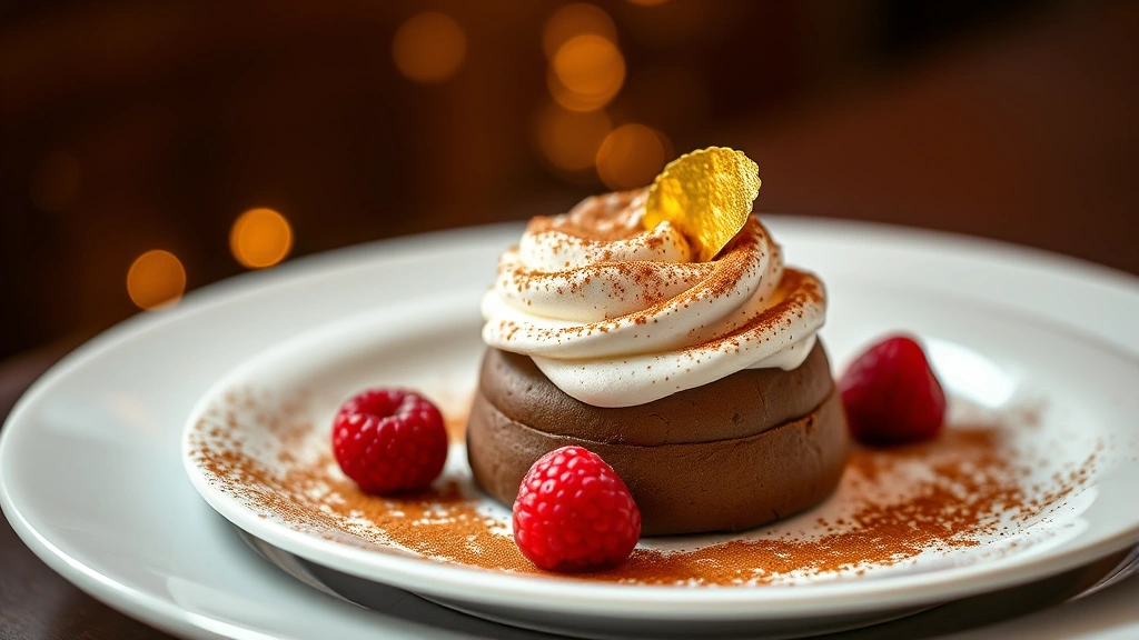 Decadent vegan chocolate mousse dessert with aquafaba-based whipped topping, cocoa powder dusting, fresh berries, and gold leaf garnish, photographed with warm ambient lighting on white porcelain