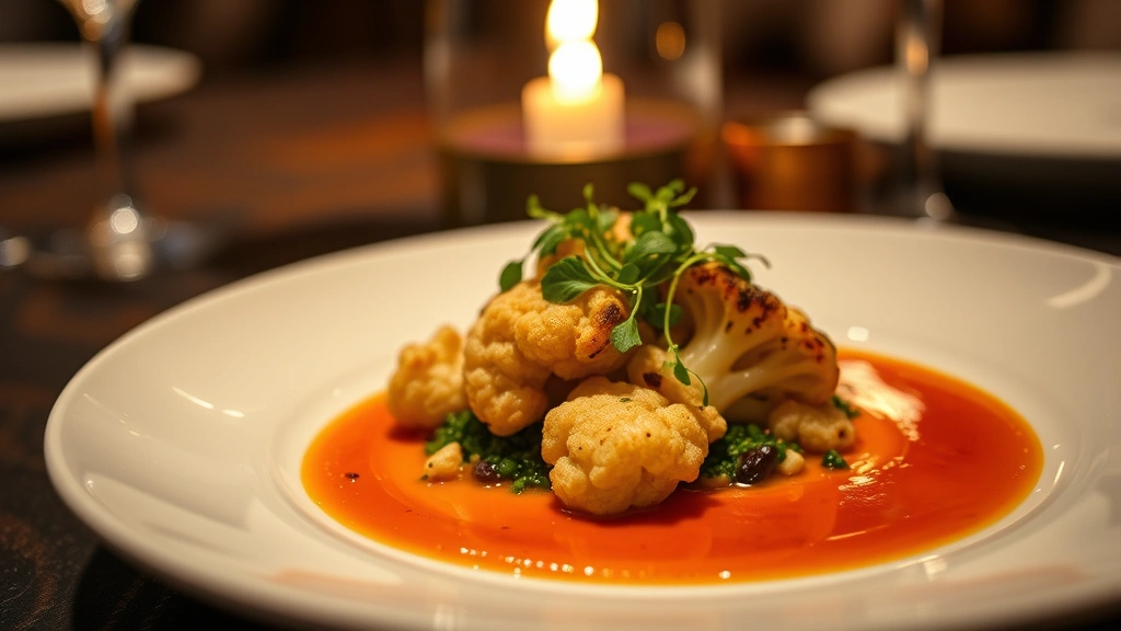 Elegantly plated fine dining vegan dish featuring roasted cauliflower, microgreens, and vibrant sauce on white porcelain plate, moody restaurant lighting, close-up food photography