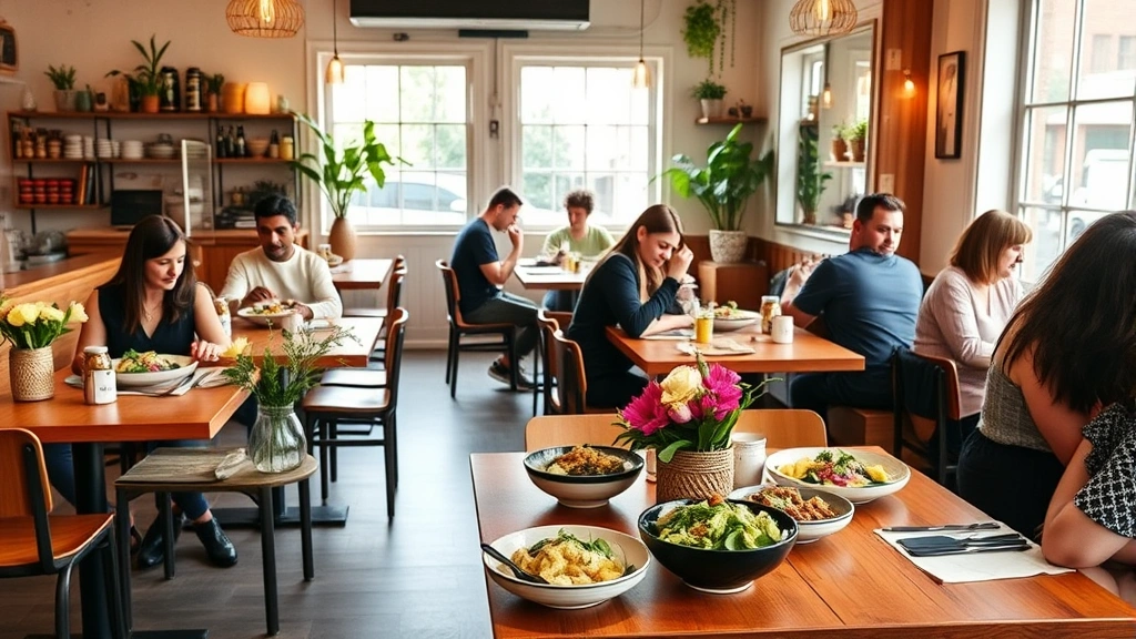 Casual vegan restaurant interior with warm wooden tables, fresh flowers, diners enjoying colorful plant-based bowls and plates, natural daylight through windows, welcoming atmosphere
