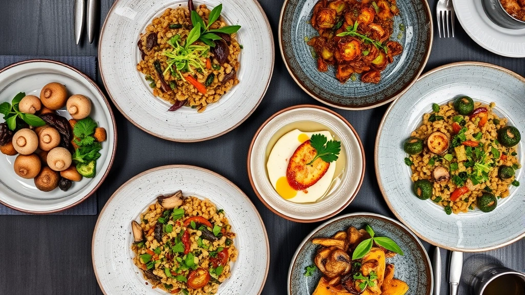 Overhead view of diverse vegan tasting menu courses arranged artfully, featuring mushrooms, grains, vegetables, herbs, and artistic garnishes, professional culinary presentation, restaurant table setting