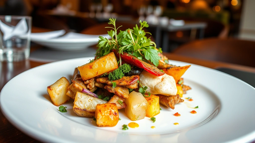 Artfully plated vegan dish with roasted vegetables, fresh herbs, and colorful garnishes on white ceramic plate in upscale restaurant setting