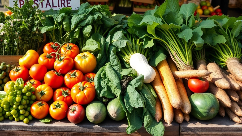 Farm-to-table vegetables at farmers market including heirloom tomatoes, leafy greens, root vegetables arranged on rustic wooden surface with natural sunlight