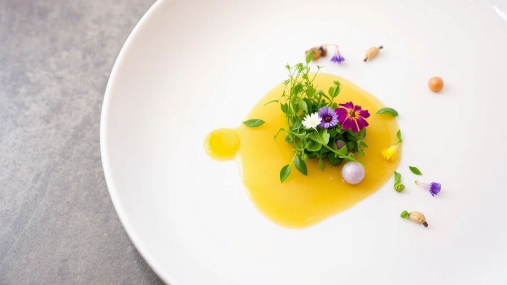 Elegant vegan tasting menu course featuring delicate microgreens, edible flowers, and artistic sauce presentation on minimalist white plate
