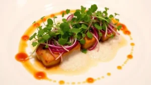 Elegant plated vegan dish with vibrant microgreens, delicate foam, and artistic sauce drizzle on white ceramic plate, fine dining presentation