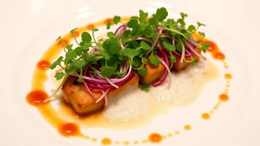 Elegant plated vegan dish with vibrant microgreens, delicate foam, and artistic sauce drizzle on white ceramic plate, fine dining presentation