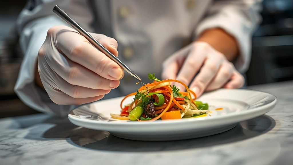 Close-up of chef's hands carefully plating sophisticated vegetable preparation with tweezers and precision tools in professional kitchen