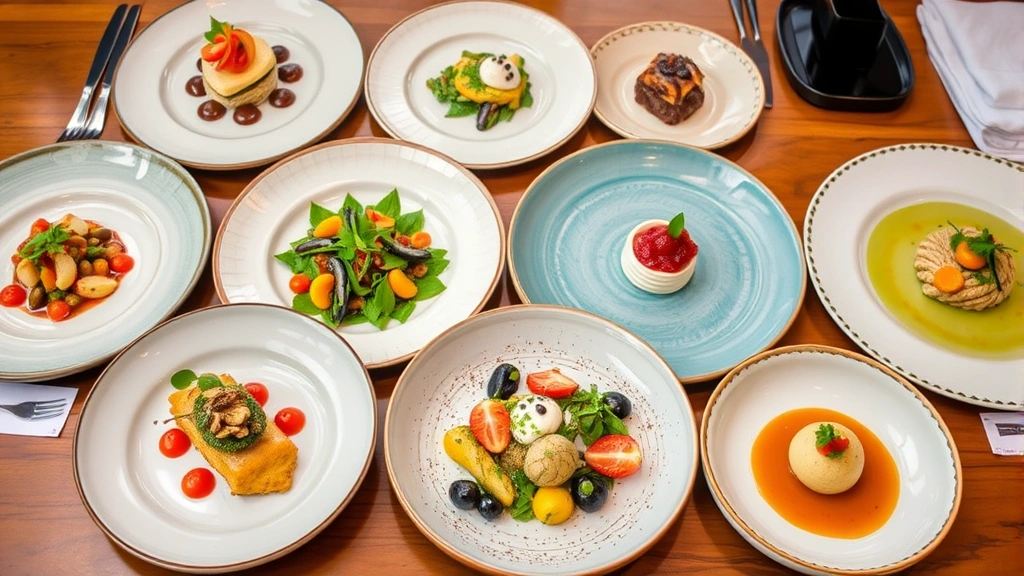 Beautifully arranged multi-course tasting menu spread showing progression of vegan dishes from appetizer through dessert on various artisan plateware