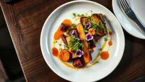 Overhead view of an elegantly plated vegan fine dining course featuring roasted vegetables with microgreens, edible flowers, and artistic sauce drizzles on a white ceramic plate, professional restaurant lighting, depth of field