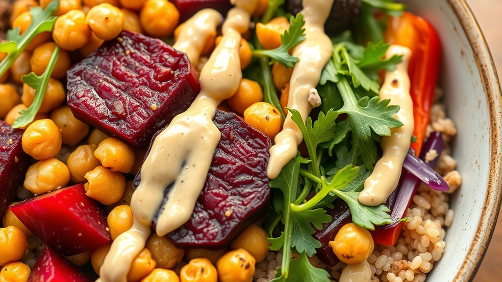 Close-up of vibrant grain bowl with roasted beets, crispy chickpeas, fresh arugula, tahini drizzle, and colorful vegetables, natural daylight, appetizing composition