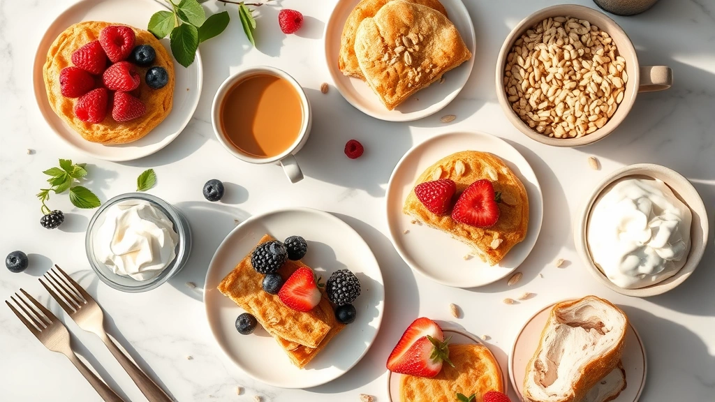 Artistic flat lay of vegan brunch spread including plant-based pastries, fresh berries, almond butter, coconut whipped cream, coffee cup, and whole grains on marble surface, warm morning light