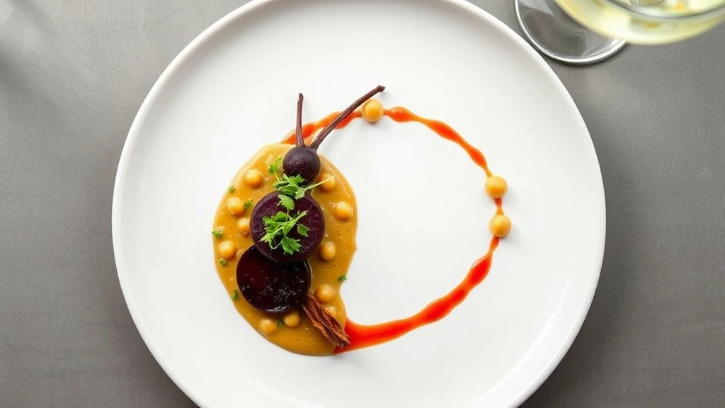 Overhead shot of an elegantly plated vegan fine dining course featuring charred beet root, miso-tahini emulsion, crispy chickpea skin garnish, and microgreens on a white ceramic plate in a sophisticated restaurant setting
