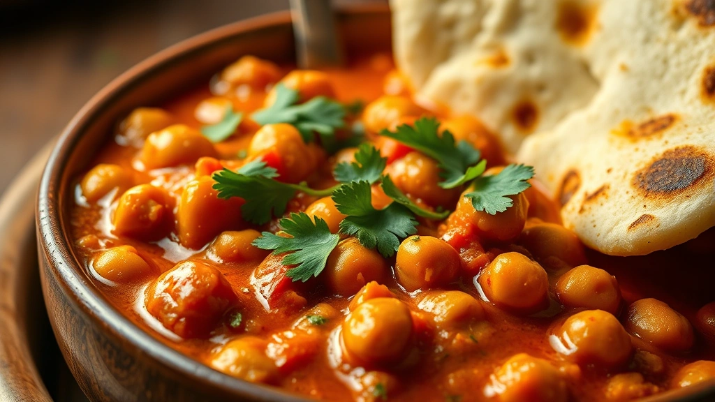 Vibrant close-up of a creamy Indian chana masala curry with chickpeas in rich tomato sauce, garnished with fresh cilantro and served with warm naan bread, steam rising from the bowl