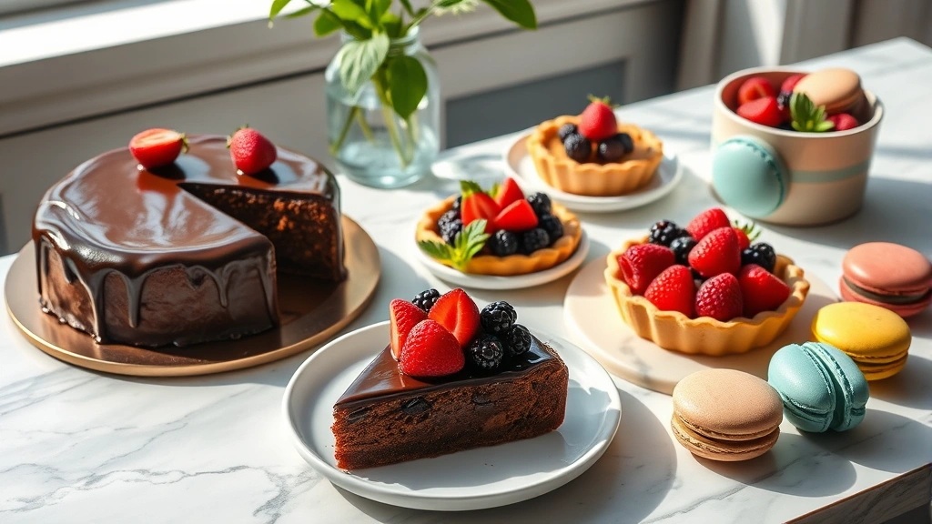 Artfully arranged vegan dessert spread featuring flourless chocolate cake with glossy ganache, fresh berry tart, and colorful macarons on a marble counter with natural lighting
