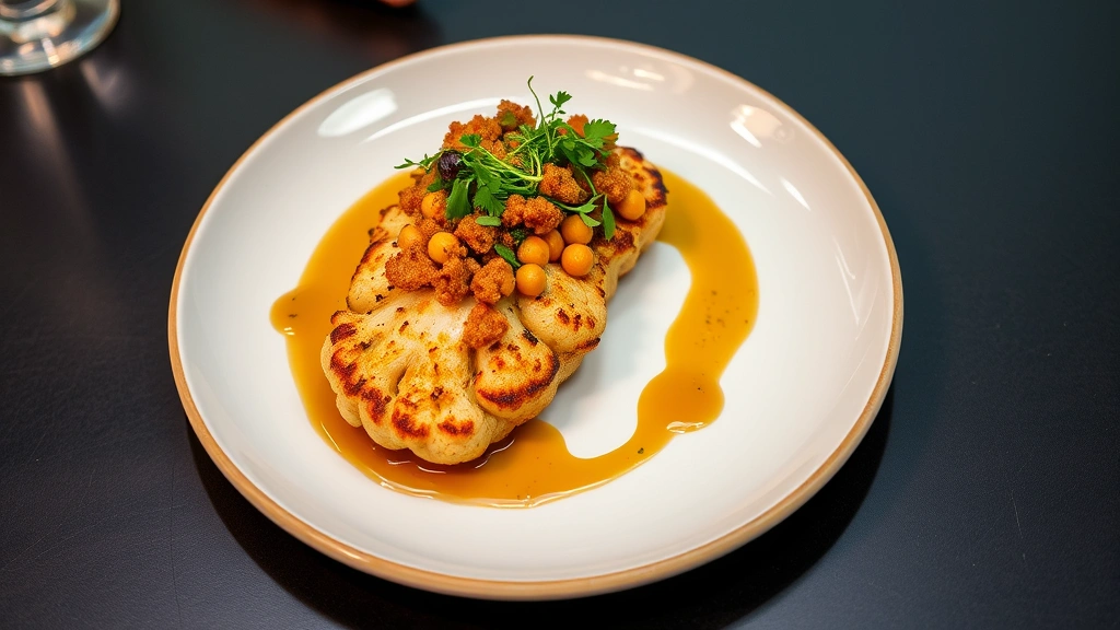 Overhead shot of a beautifully plated vegetarian dish with roasted cauliflower steak, crispy chickpea crumble, vibrant microgreens, and glossy miso-butter reduction on a white ceramic plate, restaurant lighting, professional food photography