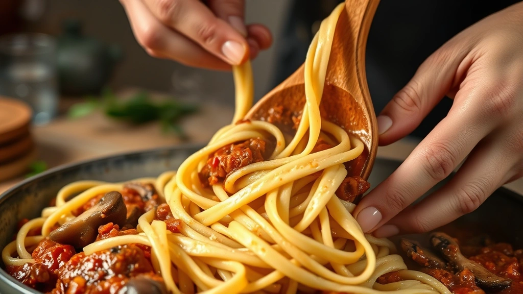 Close-up of hands tossing fresh pasta with rich mushroom ragĂą sauce, wooden spoon visible, steam rising, rustic Italian vegetarian preparation, warm kitchen lighting, shallow depth of field focusing on pasta texture
