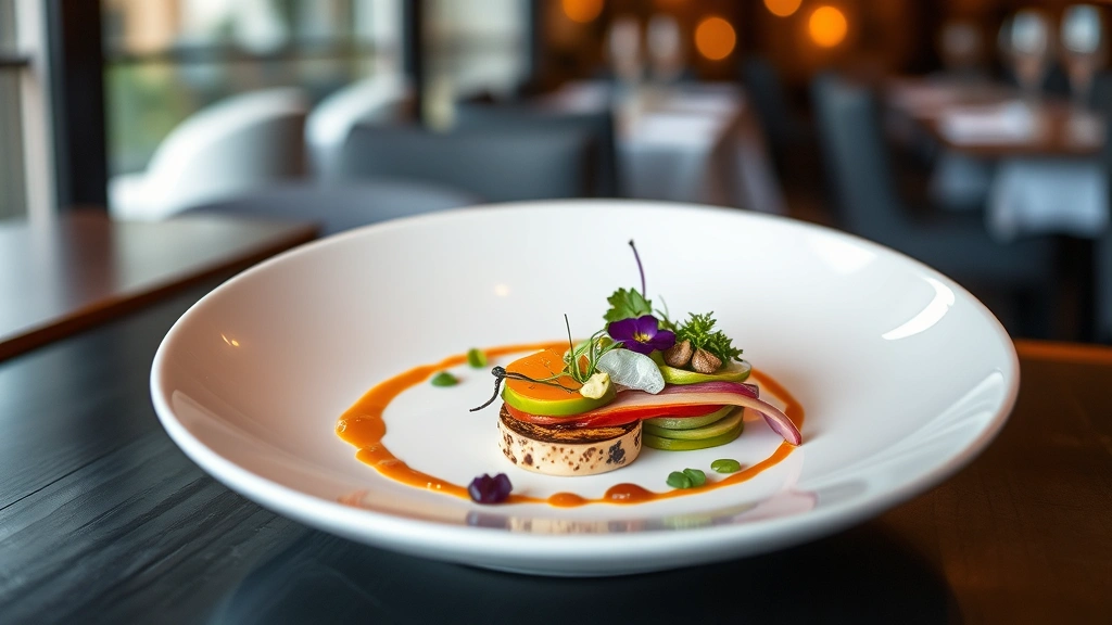Elegantly composed fine dining vegetarian tasting menu course featuring layered vegetable preparations, edible flowers, microgreens, and artistic sauce work on a minimalist white plate, soft warm lighting, blurred restaurant background