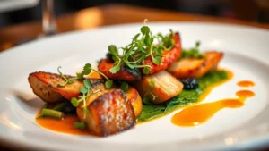 Artfully plated fine dining vegetarian dish with roasted root vegetables, microgreens, and vibrant sauce on white ceramic plate, professional restaurant lighting, shallow depth of field