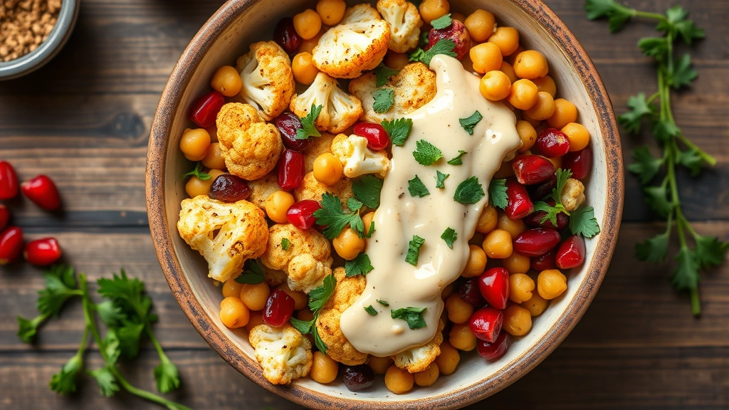 Overhead shot of colorful vegetable bowl with roasted cauliflower, chickpeas, tahini drizzle, pomegranate seeds, and fresh herbs in rustic ceramic bowl, natural daylight