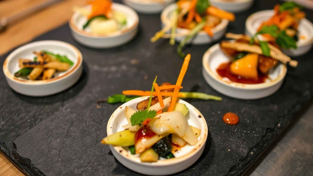 Close-up of vegetable tasting menu progression showing multiple small plates with different preparations—charred vegetables, fresh preparations, and sauce components arranged on slate, professional culinary plating