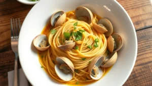 Overhead view of authentic Venetian spaghetti alle vongole in white bowl with Manila clams, fresh parsley, and glossy shellfish broth, wooden table background, natural daylight, restaurant setting