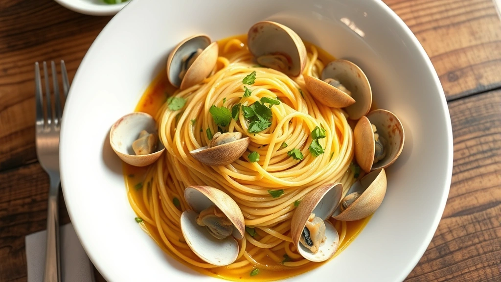 Overhead view of authentic Venetian spaghetti alle vongole in white bowl with Manila clams, fresh parsley, and glossy shellfish broth, wooden table background, natural daylight, restaurant setting