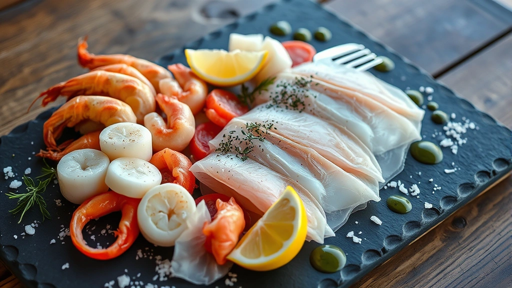 Fresh raw seafood crudo platter featuring translucent branzino carpaccio, scallops, langoustines, lemon wedges, sea salt, premium olive oil, slate presentation board, coastal Mediterranean ambiance