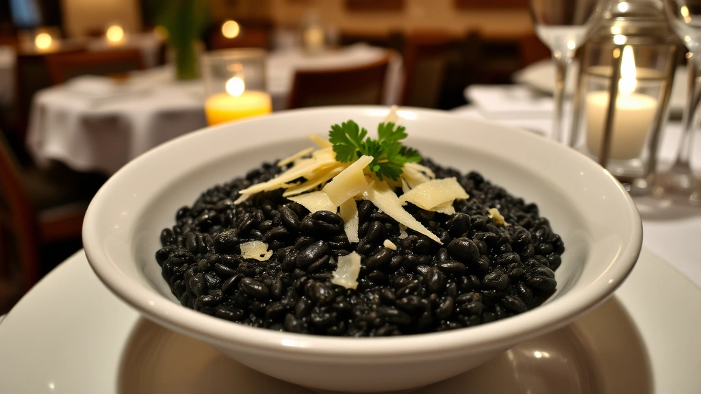 Venetian risotto nero with black squid ink, perfectly creamy consistency, garnished with fresh parsley and Parmigiano-Reggiano shavings, plated in shallow white bowl, candlelit restaurant backdrop, atmospheric lighting