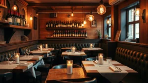Intimate French bistro interior with warm Edison bulb lighting, worn wooden tables with white tablecloths, vintage wine bottles on shelves, flickering candles in glass holders, cozy booth seating, soft amber glow throughout the space, no visible text or signage